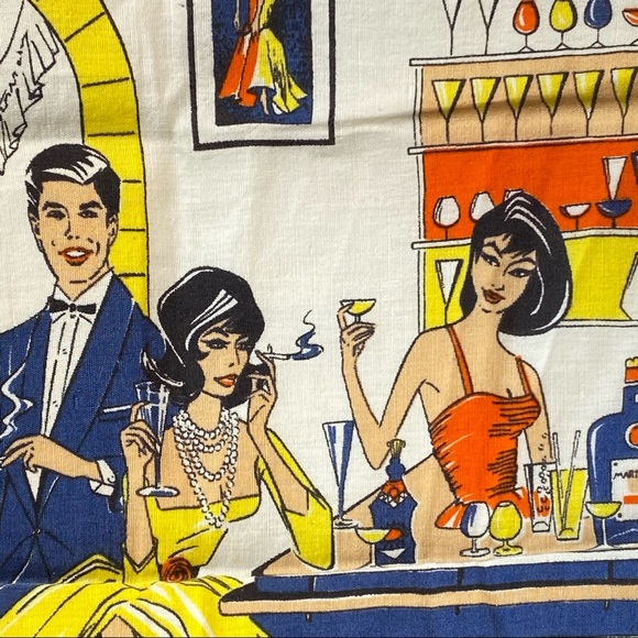 Vintage Linen MCM Cocktail Smoking Bar Tea Towel - Picture 3 of 7